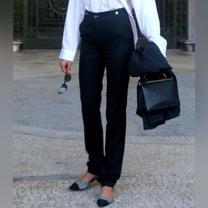 St. John Sport Marie Gray Trousers Straight Leg Denim Black Gold Buckle
